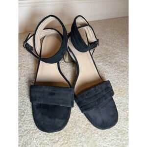 Ann Taylor Black Suede ROWAN Strappy GOLD METALLIC Block Heel Sandals Size 9M